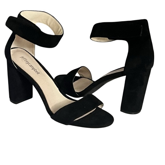 NEW Jeffrey Campbell Lindsay Size 8.5 High Heels Black Suede Block Ankle Strap - Picture 1 of 6